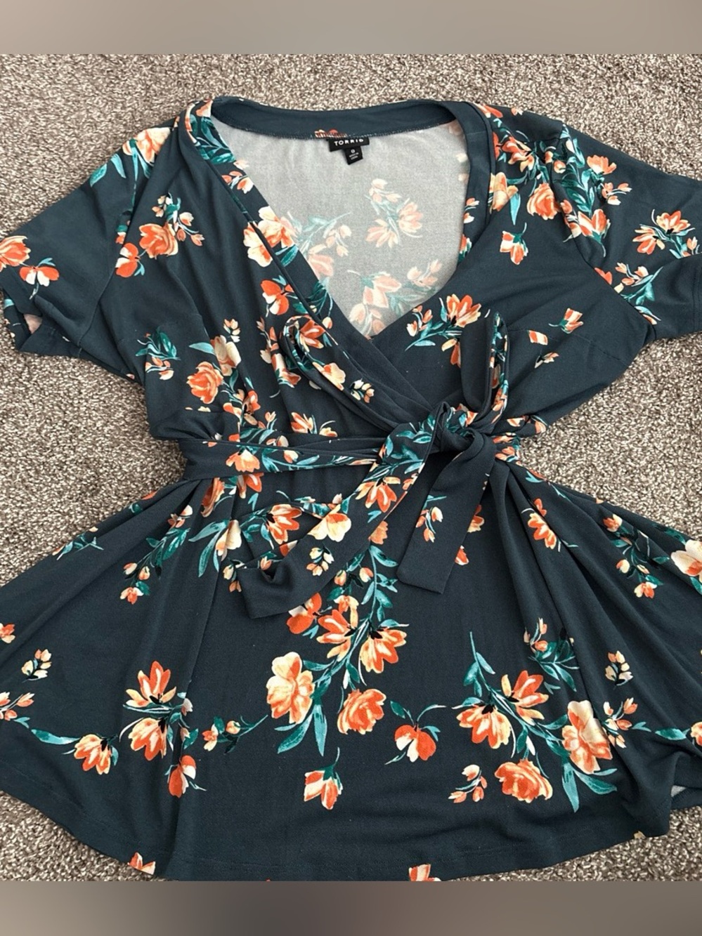 torrid Dark Teal Floral Wrap Top - Orange & Cream Flowers